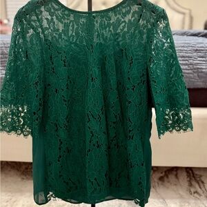 Green Lace 3/4 Sleeve Blouse with Floral Design